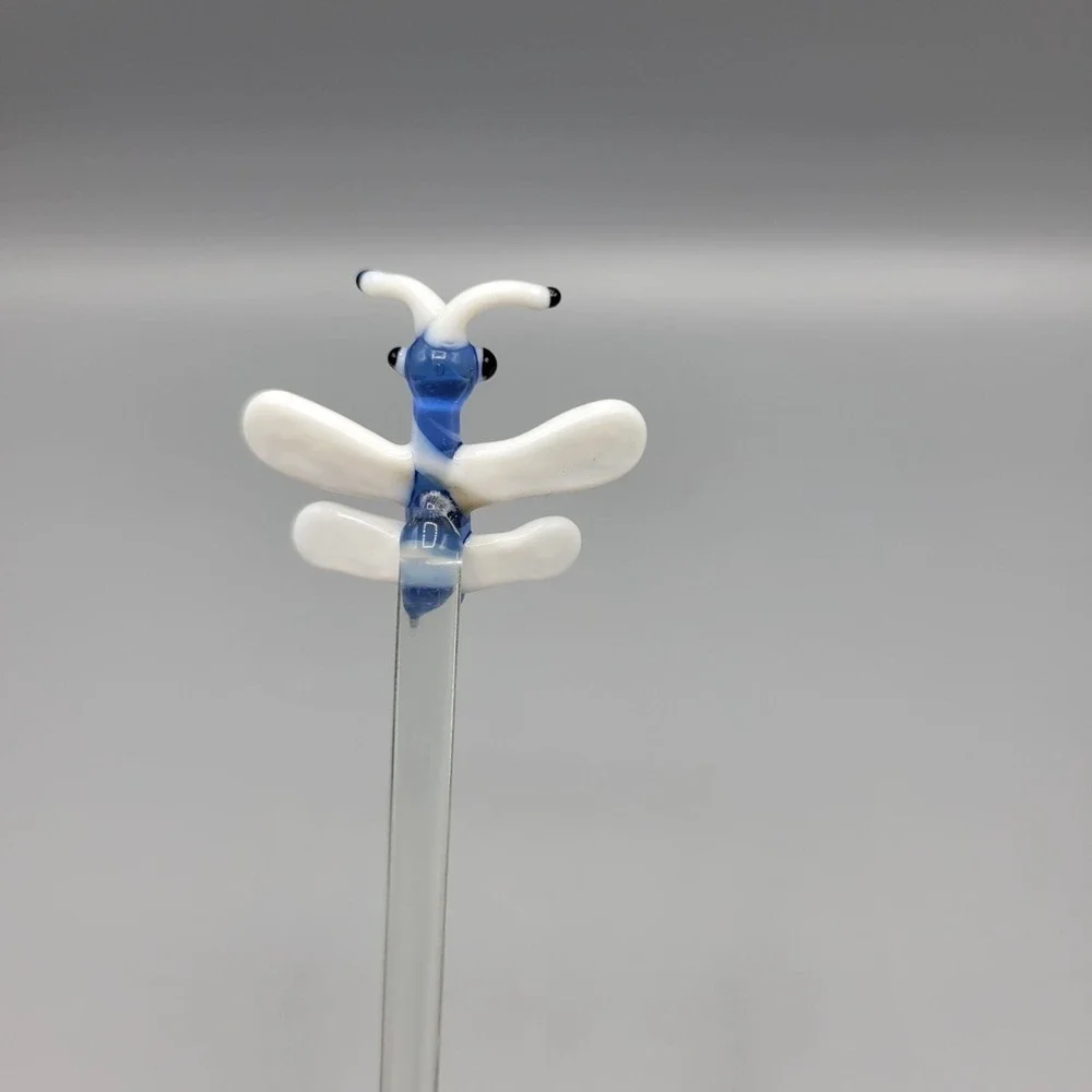 Set Of 4 Glass Stir Sticks Butterfly Dragonfly Retro Bar Swizzle Art Glass